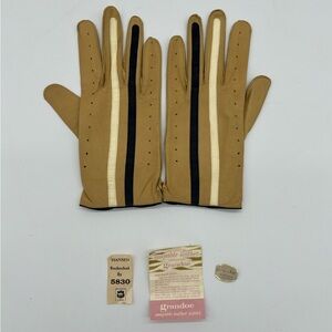 Vintage Granado Soapable Leather Gloves 7.5 Unworn Tan Black White‎ Stripes